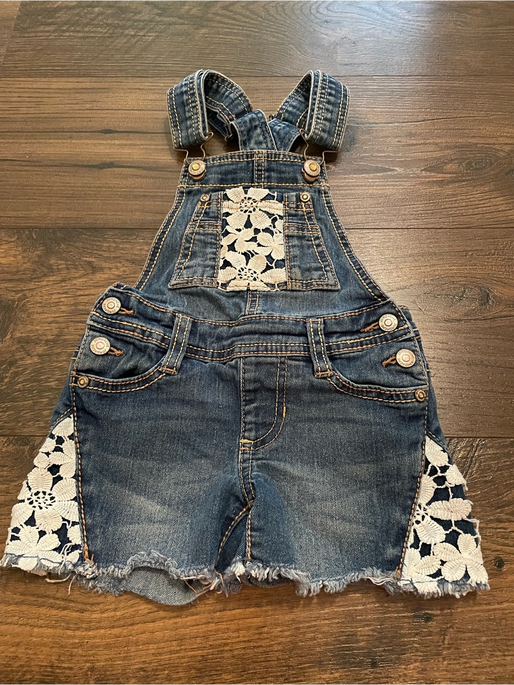 Vintage Jordache Blue Denim Overalls with White Lace Trim